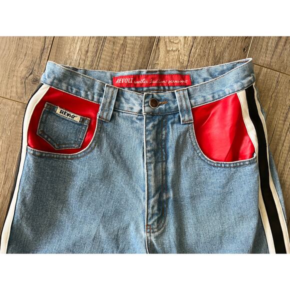 Vintage Revolt Jeans Faux Leather Trip 1990s Racing Stripe Red Sz 9 Denim Light - Picture 3 of 7